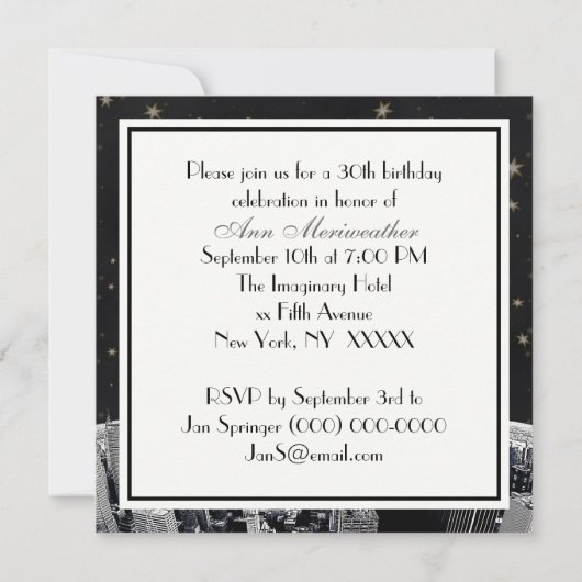 NYC Etched Skyline Zwart Goud Sterren Verjaardag Kaart (Achterkant)