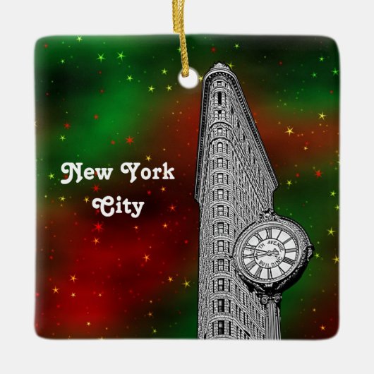 NYC Flatiron Building Red Grn Starry Xmas Keramisch Ornament (Voorkant)