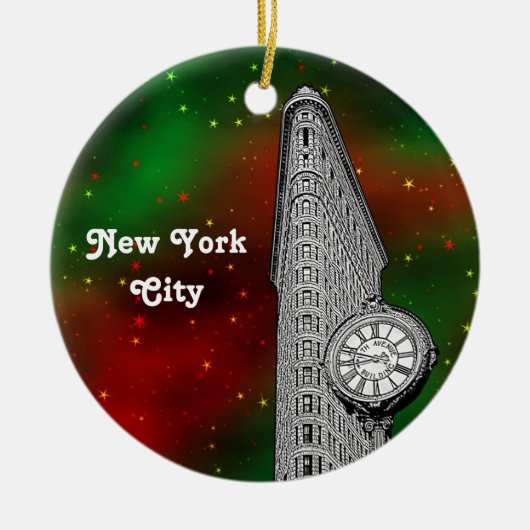 NYC Flatiron Building Red Grn Starry Xmas Keramisch Ornament (Voorkant)