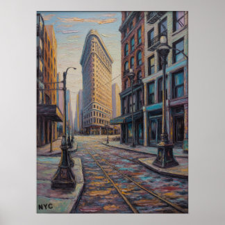 NYC Flatiron Building Straatscène Met Tramspoor Poster