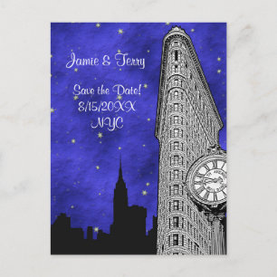 NYC Flatiron Silhouette Blau Sterren Save the Date Aankondigingskaart