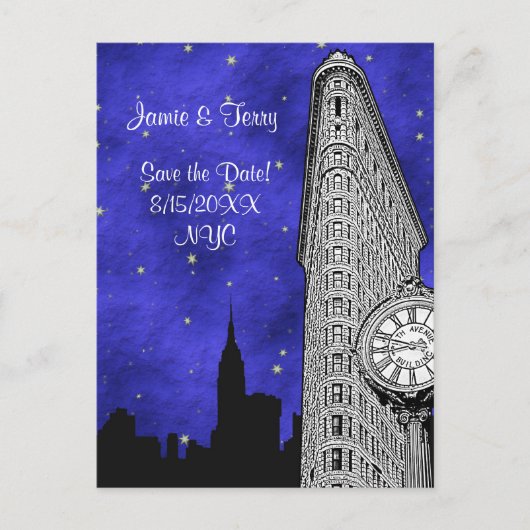 NYC Flatiron Skyline Silhouette Blu St Save Date Aankondigingskaart (Voorkant)