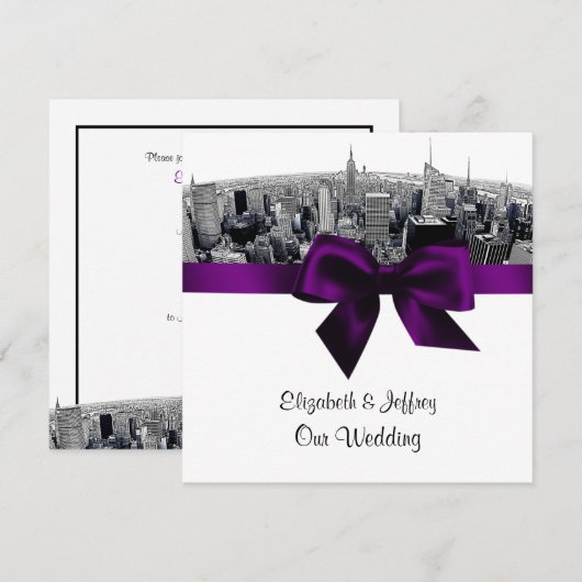 NYC geëtst Fisheye Skyline BW Paarse bruiloft SQ Kaart (Voorkant / Achterkant)