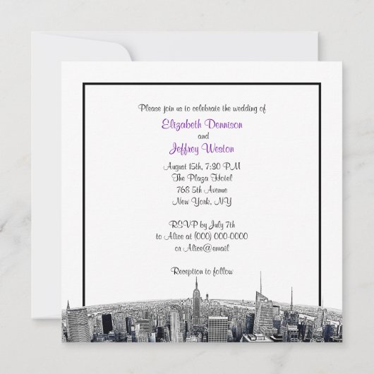 NYC geëtst Fisheye Skyline BW Paarse bruiloft SQ Kaart (Achterkant)
