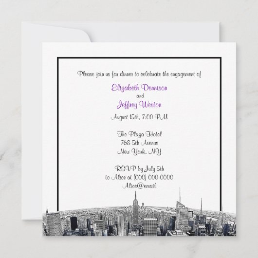 NYC geëtst Fisheye Skyline BW Paarse Verloving SQ Kaart (Achterkant)