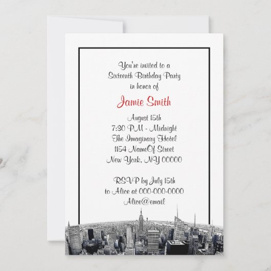 NYC geëtst Fisheye Skyline BW Rood Zoet 16 Kaart (Achterkant)