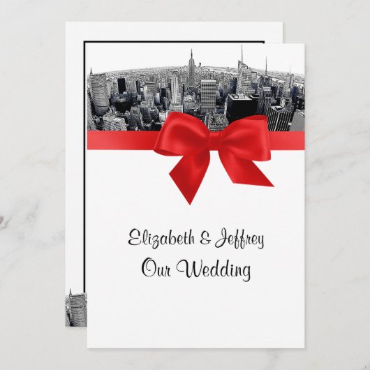 NYC geëtste Fisheye Skyline BW rode bruiloft Kaart (Voorkant / Achterkant)