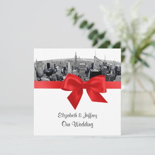 NYC geëtste Fisheye Skyline BW rode bruiloft SQ Kaart (Staand voorkant)