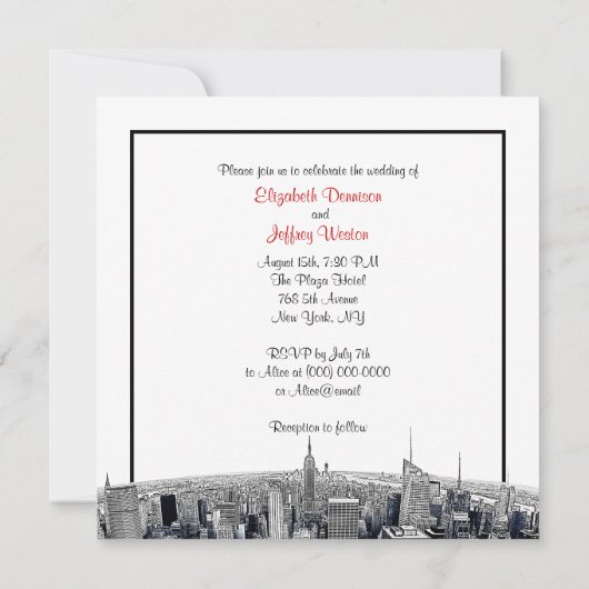 NYC geëtste Fisheye Skyline BW rode bruiloft SQ Kaart (Achterkant)