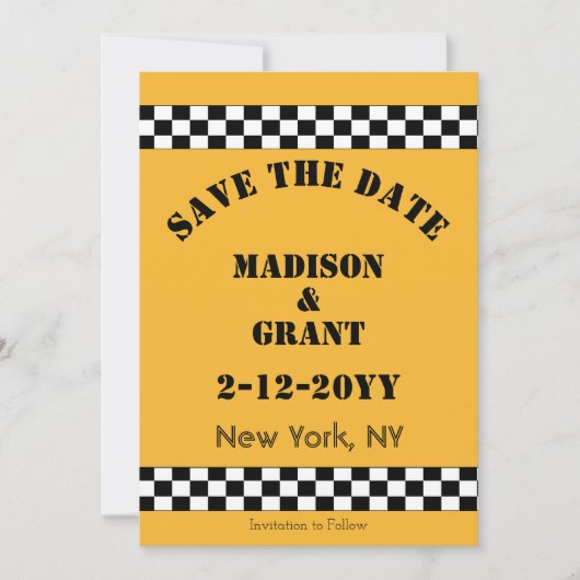 NYC gele Checker cabinestijl Save The Date (Voorkant)