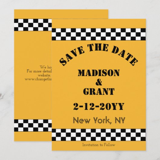 NYC gele Checker cabinestijl Save The Date (Voorkant / Achterkant)