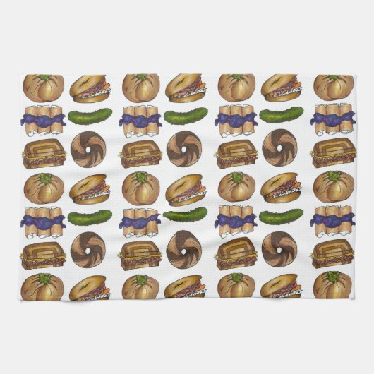 NYC Jewish Deli Food Pickle Blintz Bagel Knish Lox Theedoek (Horizontaal)