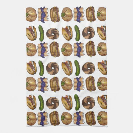 NYC Jewish Deli Food Pickle Blintz Bagel Knish Lox Theedoek (Verticaal)