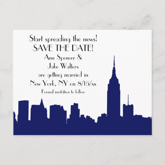 NYC Navy Blue Skyline Silhouet Save the Date Aankondigingskaart (Voorkant)