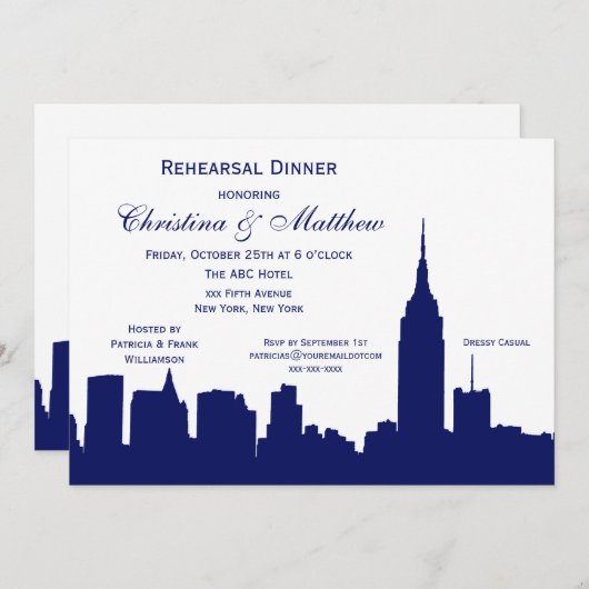 NYC Navy Blue Skyline Silhouette Rehearsal Dinner Kaart (Voorkant / Achterkant)