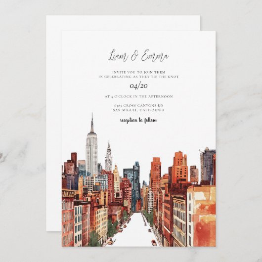 NYC New York City Waterverf Vinatge Wedding Kaart (Voorkant / Achterkant)