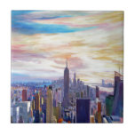 NYC Panorama met Chrysler en Empire State Tegeltje<br><div class="desc">Acrylschilderij van de beroemde New York City Skyline met het nieuwe World Center 1, Chrysler Building en Empire State Building</div>