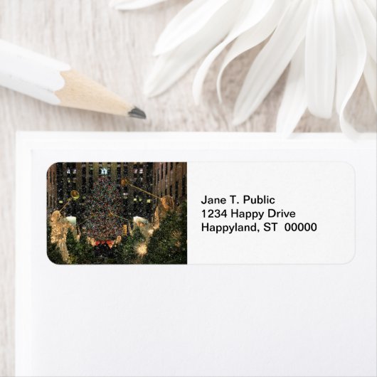 NYC Rockefeller Center - astomboom die sneeuwt Etiket (Insitu)