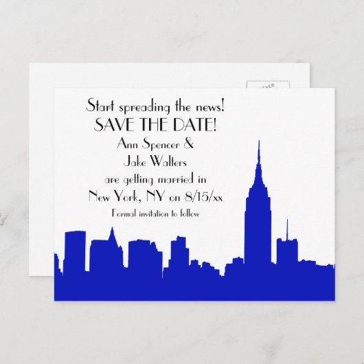 NYC Royal Blue Skyline Silhouet Save the Date Aankondigingskaart (Voorkant / Achterkant)