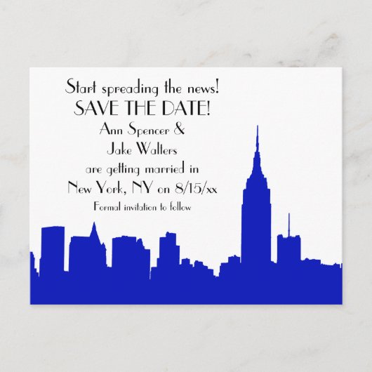 NYC Royal Blue Skyline Silhouet Save the Date Aankondigingskaart (Voorkant)