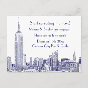 NYC Silhouet Etched 01 Verlovingsfeest Blauw Uitnodiging Briefkaart