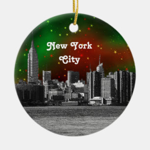 NYC Silhouet Gegraveerd ESB Rood en Groen Sterren  Keramisch Ornament