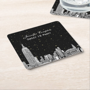 NYC Silhouet Gegraveerd Ster DIY BG Kleur SQ Onder Kartonnen Onderzetters