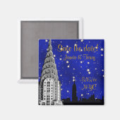 NYC Silhouet van de Skyline Blauwe Ster Save Date Magneet (Voorkant / Achterkant)