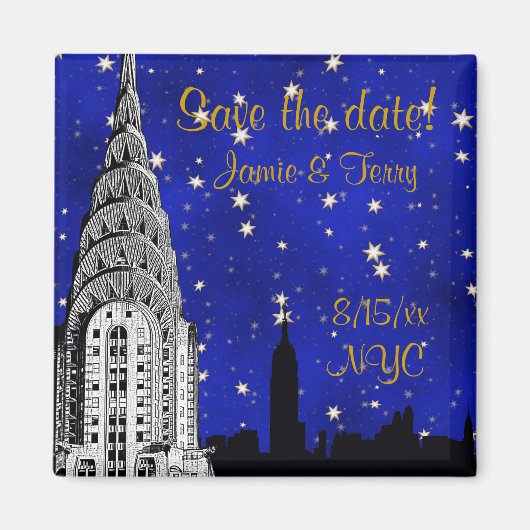 NYC Silhouet van de Skyline Blauwe Ster Save Date Magneet (Voorkant)