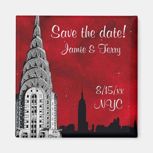 NYC Silhouet van de Skyline Rode Ster Save Date Ma Magneet (Voorkant)