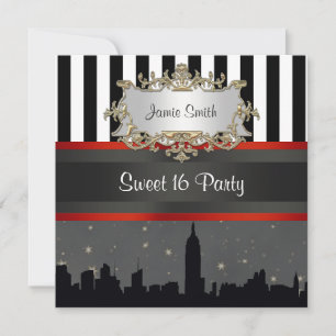 NYC Silhouet Zwart Witte Streep Sweet 16 Kaart