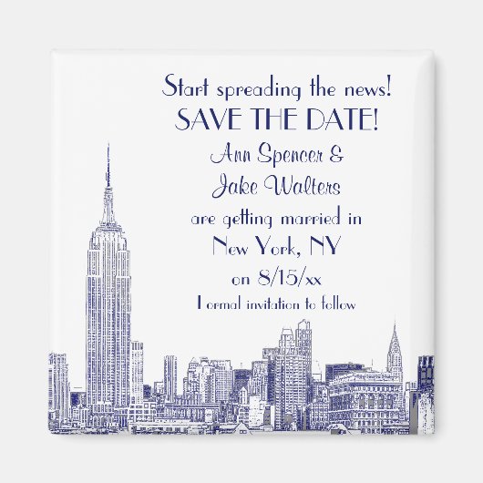 NYC Silhouette 01 Gegraveerd Save the Date Blauw Magneet (Voorkant)