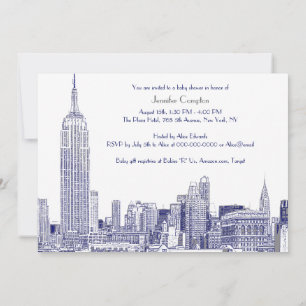 NYC Silhouette 01 Gegraveerd Wit Baby Shower Blauw Kaart