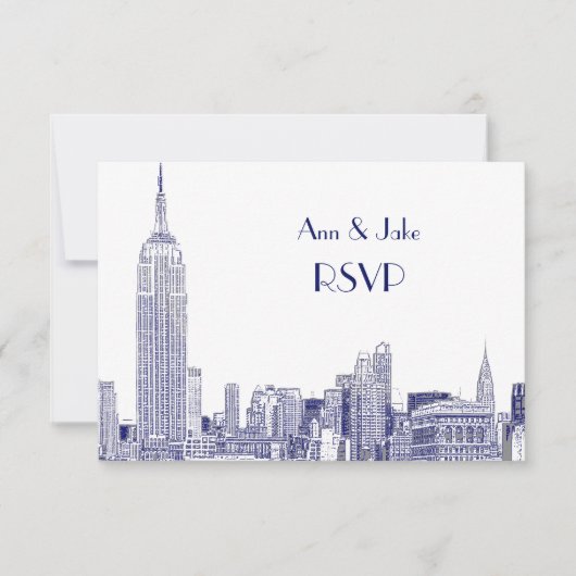 NYC Silhouette 01 Gegraveerd Wit RSVP #2 Blauw Kaartje (Voorkant)
