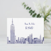 NYC Silhouette 01 Gegraveerd Wit RSVP #2 Blauw Kaartje (Staand voorkant)