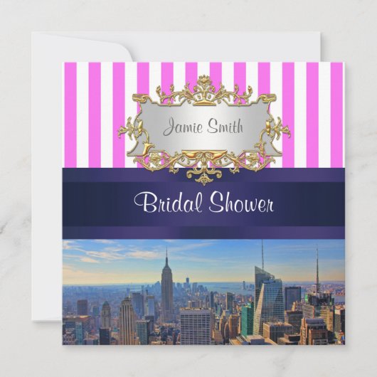 NYC Silhouette B2 Roze Witte Streep Bruidsdouche Kaart (Voorkant)