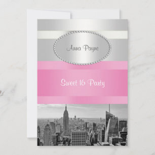 NYC Silhouette BW 05 Wit, Roze Sweet 16 Feest Kaart