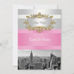 NYC Silhouette BW 05 Wit, Roze Sweet 16 Feest Kaart