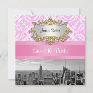 NYC Silhouette BW D4P Roze Damast Sweet 16 Feest Kaart