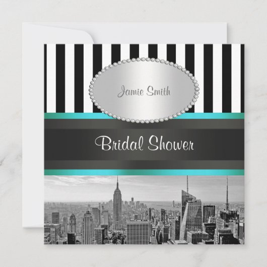 NYC Silhouette BW Zwart Wit Streep Teal P Bruidsui Kaart (Voorkant)