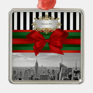 NYC Silhouette Empire St Geb Xmas Zwart Wit Streep Metalen Ornament