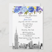 NYC Silhouette ESB Ets Blau Geel Bloem Bruidsdiner Kaart (Voorkant)