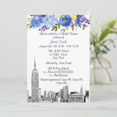 NYC Silhouette ESB Ets Blau Geel Bloem Bruidsdiner Kaart (Staand voorkant)