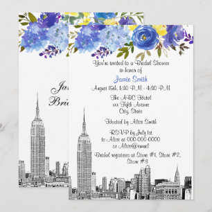 NYC Silhouette ESB Ets Blau Geel Bloem Bruidsdiner Kaart