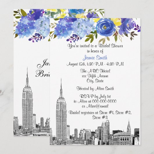 NYC Silhouette ESB Ets Blau Geel Bloem Bruidsdiner Kaart (Voorkant / Achterkant)