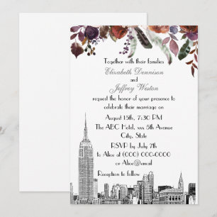 NYC Silhouette ESB Ets Bruine Plum Bloemige Trouwd Kaart