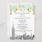 NYC Silhouette ESB Ets Mint Gld Bloem Bruidsdiner Kaart (Voorkant)