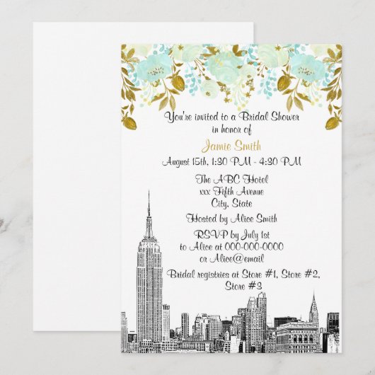 NYC Silhouette ESB Ets Mint Gld Bloem Bruidsdiner Kaart (Voorkant / Achterkant)