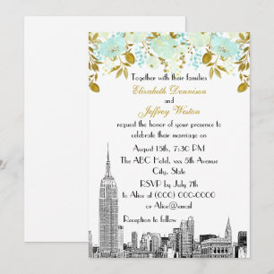 NYC Silhouette ESB Ets Mint Goud Bloemige Bruiloft Kaart