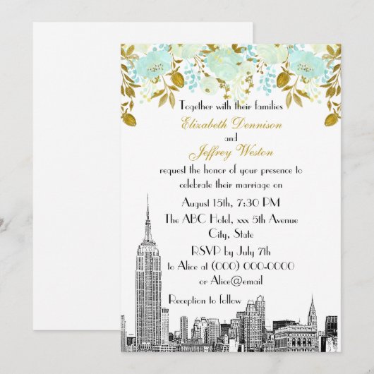 NYC Silhouette ESB Ets Mint Goud Bloemige Bruiloft Kaart (Voorkant / Achterkant)